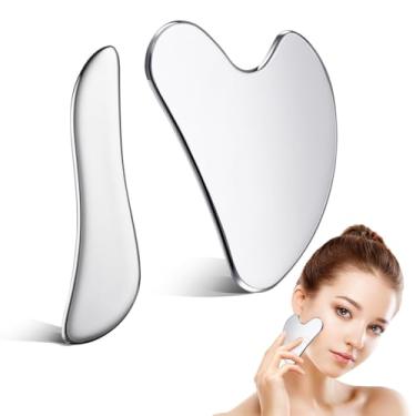Imagem de 2 ferramentas de aço inoxidável 304 para Gua Sha nas pernas, rosto, olhos, ferramentas faciais de beleza de aço projetadas para drenar linfática e apertar a pele, ferramentas de massagem raspador