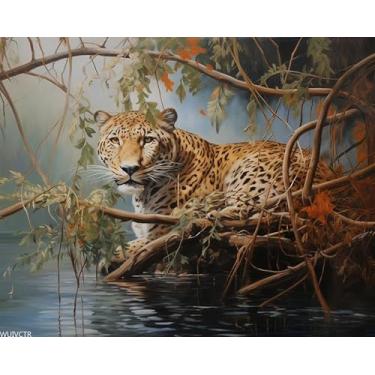 Imagem de WUIVCTR Pintura por número para adultos, leopardo animal no galho de árvore, kits de pintura em tela para iniciantes, kit de presente para Natal, aniversário, 40 x 50 cm