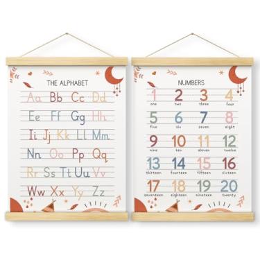 Imagem de Conjunto de 2 pôsteres do alfabeto com números Boho, pôsteres ABC para crianças pequenas com molduras de madeira, pôsteres de aprendizagem para crianças de 1 a 3 anos, decoração de parede de quarto de
