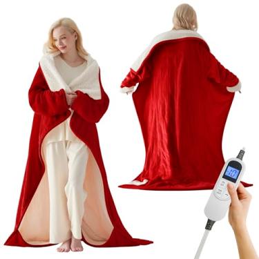Imagem de Richtry Cobertor aquecido vestível com bolsos e mangas para os pés, 127 x 178 cm, cobertor elétrico vestível, flanela portátil e sherpa aquecida com 10 configurações de calor, desligamento automático