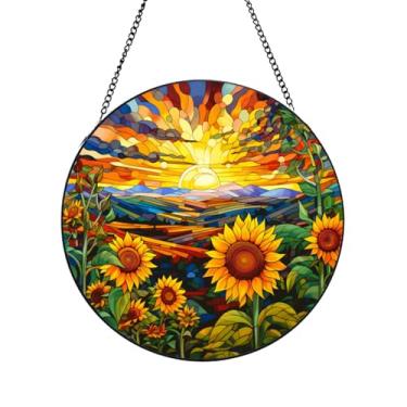 Imagem de JZZNNFEZN Pendentes de vitral de girassol, apanhador solar de vitral de 19 cm para mulheres, presente de artesanato redondo pintado à mão para amigos da família, presente de inauguração de casa