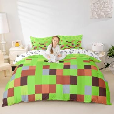 Imagem de Manfei Capa de edredom com blocos pixelados, tamanho Queen, geométrico, camuflagem, quadriculada, para adolescentes, adultos, gamepad, mineiros, videogames, jogo de cama, 3 peças decorativas (edredom