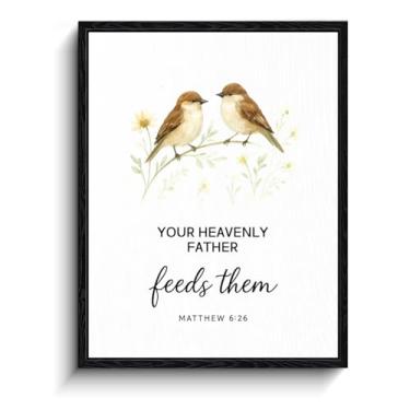 Imagem de Pardais em aquarela no ramo floral, "Your Heavenly Father feeds them" Matthew 6:26, decoração de parede cristã, arte de parede com moldura fosca para berçário ou cozinha, presente para batismo, 20 x