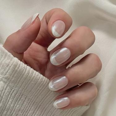 Imagem de Unhas postiças curtas redondas francesas brancas com glitter simples Desien cobertura completa cola acrílica falsa em unha para mulheres, 24 peças
