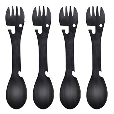 Imagem de 4 Pack Garfo-Colher de Aço Inoxidável Utensílio Camping EDC com Canivete Colher Abertura Garrafa e Lata 5 em 1 Multifuncional WILDAIR