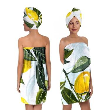 Imagem de EENSYWEENSY Conjunto de envoltório de banho de spa com turbante de cabelo, estampa de limão, 80 x 150 cm, serve para peito 99-150 cm