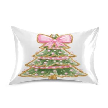 Imagem de ATTX Fronha de almofada de árvore de Natal com laço rosa com fecho de envelope para cabelo e pele, macia, respirável, suave, ambos os lados, capa de almofada de seda refrescante (Queen 50 cm × 76 cm