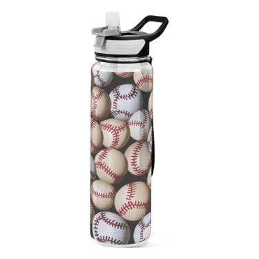 Imagem de Blueangle Garrafa de água esportiva com padrão de bolas de beisebol 946 ml com tampa de canudo - Garrafas de água reutilizáveis Tritan sem BPA para academia, caminhadas e atividades ao ar livre (526)