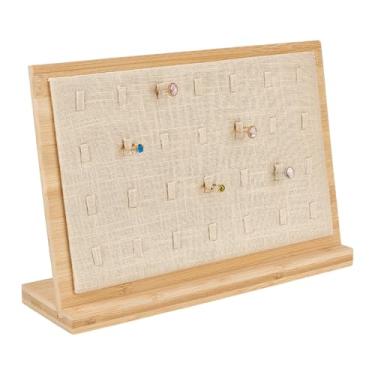 Imagem de MAYJOYDIY Suporte de anel de madeira com 28 compartimentos, organizador de anéis, bandeja de joias inclinada nas costas com almofada de linho 9 × 13 × 20 cm, suportes de exibição de joias para cômoda
