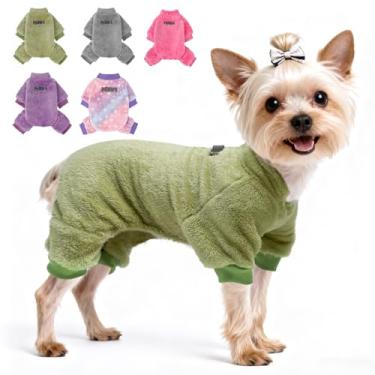 Imagem de PAWCHIE Pijama de veludo felpudo para cães, tecido de inverno para cães pequenos, gatos, meninos e meninas, macacão para animais de estimação, roupa para cães, verde, M