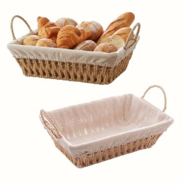 Imagem de Cesta Retangular com Alça em Papel Forro em Tecido Organizador Porta Pão Mesa Posta Bege Café