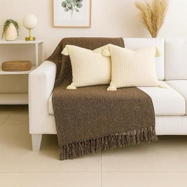 Imagem de Manta Capa para Sofá Gigante XGG 240x180 cm - 100% Algodão, Com Franjas, Proteção e Decoração Luxuosa para Sofá de Casal ou 3 Lugares (Chocolate)