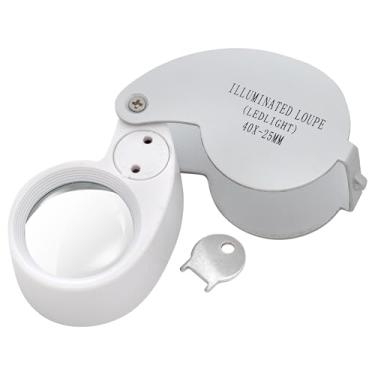 Imagem de The Beadsmith Lupa de joalheiro com LED – Lupa de aumento de 40x com lente de 25 mm, luzes LED duplas, design dobrável e portátil, inclui chave de bateria.