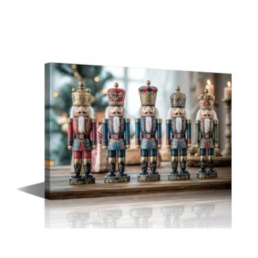 Imagem de Arte de parede em tela Quarteto Majestoso Quebra-Nozes em Postura Formal Decoração de Parede de Natal Emoldurada para Grande Sala Entrada 1 Painel Arte da Guarda Real Pronto para Pendurar 91 x 61 cm