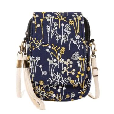 Imagem de Bolsa transversal de lona com flores bordadas, bolsa mensageiro feminina, bolsa para celular, Grama azul escuro, Casual