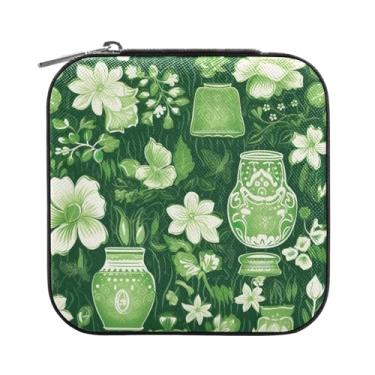Imagem de Wassud Vasos de flores verdes e brancos para viagem, pequena caixa de joias, mini organizador portátil de couro PU, brincos quadrados de armazenamento, colar, pulseiras, joias para mulheres, meninas