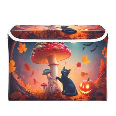 Imagem de STAYTOP Cestos de armazenamento de gatos de Halloween com tampas e alça de transporte, caixas de armazenamento dobráveis organizadores de recipientes para casa, quarto, armário, escritório, berçário