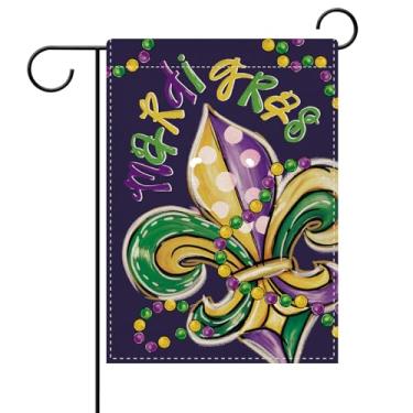 Imagem de Dyrenson Bandeira decorativa de jardim Mardi Gras Fleur De Lis, contas de carnaval de Nova Orleans, decoração externa de casa, baile de máscaras de bolinhas, estopa de festa ao ar livre pequena