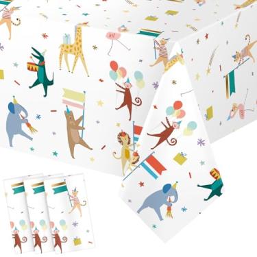 Imagem de Maxdot 3 Pieces Animal Parade Party Tablecloths 108 × 54 Inch Safari Theme Table Cover, Plastic Disposable Table Cloth Zoo Party Supplies for Jungle Baby Shower, Animal Themed Birthday Decorations