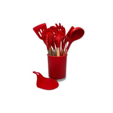 Imagem de Kit Utensílios de Cozinha Silicone 13 Peças, Cabo em Madeira MDF, Preto, Aço Inox, Livre de BPA, Suporta até 230ºC, com Suporte Porta Kit