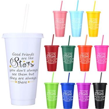 Imagem de Potchen 12 copos de amizade com tampa de canudo 680 g Friends Are Stars Cup com granulados copos de plástico reutilizáveis para amantes de Natal, festa de aniversário, chá de bebê, férias de verão
