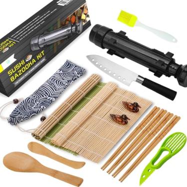 Imagem de FUNGYAND Kit de fabricação de sushi, conjunto completo de rolos de bazuca com tapetes de bambu, fatiador de abacate, remo, faca, pauzinho e suportes, saco de algodão - Máquina de rolo Maki DIY