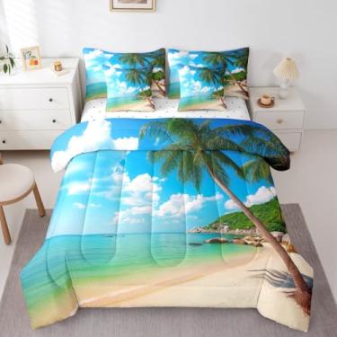 Imagem de Erosebridal Conjunto de edredom queen Ocean Beach, palmeiras, 7 peças, tema de natureza costeira, lençol e fronhas, havaiano para crianças, meninos, homens, mulheres, decoração de quarto