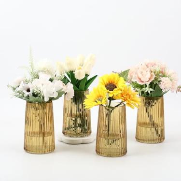 Imagem de MARTAGE Conjunto de 4 vasos de vidro âmbar, vasos pequenos para flores, vaso de flores para buquê, vaso de vidro moderno com nervuras para sala de estar, quarto, mesa de jantar, escritório, casamento