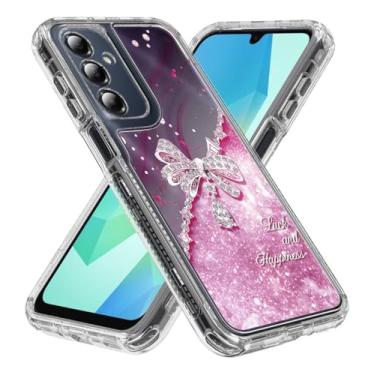 Imagem de Rosebono Compatível com Samsung Galaxy A16 Sparkle Rhinestone Diamond Colorful Butterfly Graphics Design 3-Layer Hybrid Armor Cover Case (rosa)
