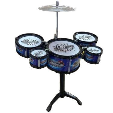 Imagem de Mini Bateria Infantil de Brinquedo com 5 Tambores, Prato Metálico e 2 Baquetas, Azul e Vermelha Sortida, 45cm Altura, para Crianças a partir de 3 Anos