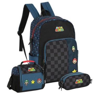 Imagem de Kit Mochila Super Mario Costas Estojo Triplo Com Lancheira, Azul