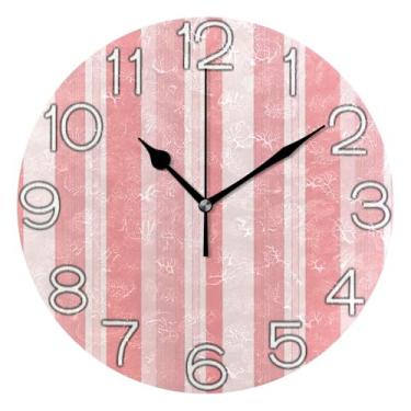 Imagem de Relógio de parede decorativo analógico operado por bateria para quarto e cozinha, arte de decoração moderna de meados do século, listras rosa pastel artísticas, 25 cm, ponteiros dourados