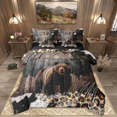 Imagem de Erosebridal Conjunto de edredom de cabana com lençol de cama rústico de urso, caça, tamanho king, 7 peças, para crianças, adolescentes, adultos, fazenda, bosque, animais selvagens, conjunto de cama em