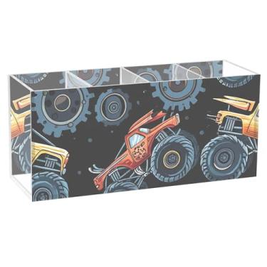 Imagem de TSENQUE Porta-canetas de desenho animado personalizado para arte de mesa, caminhões monstros, engrenagens, marcador preto, suporte de pincel de maquiagem de acrílico, copo de caneta