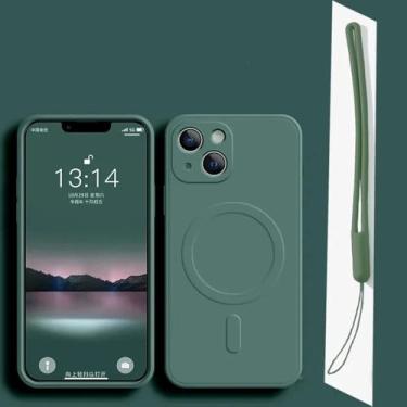 Imagem de Capa magnética com carregador sem fio para iPhone 16, 15, 14, 13, 12, 11 Pro Max, XR, XS, 7, 8 Plus, capa preta de silicone com alça, verde-escuro, para iPhone 14