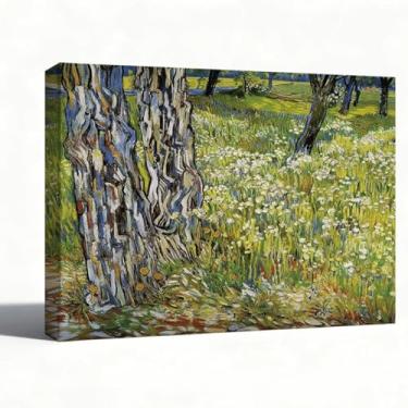 Imagem de Arte de parede em tela floresta árvores com flores silvestres, impressão de pintura a óleo florestal inspirada em Van Gogh, imagem de paisagem de natureza verde, decoração de parede de 20 x 25 cm para
