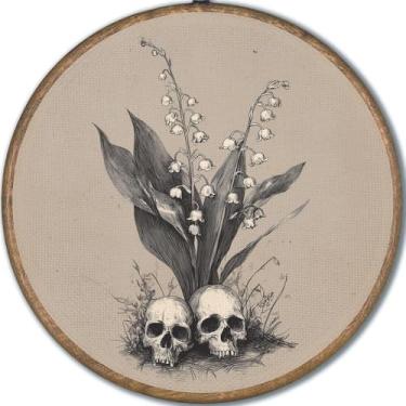 Imagem de WMSYUO Arte de parede redonda Ghost Café, 25 x 25 cm, Dark Academia Cottagecore Halloween, livraria aconchegante e arte de café para decoração de casa ou sala de leitura no outono (Grey-skull01)