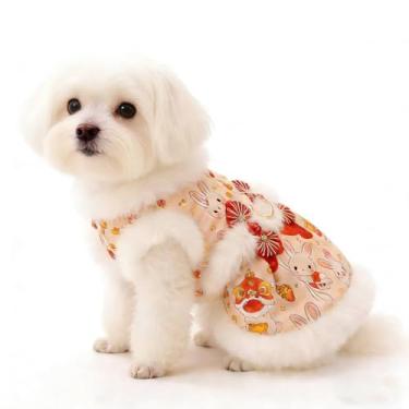 Imagem de BAMY Vestido de coelho de ano novo, saia de festa de primavera, tutu de coelho fofo, roupas quentes de gato de inverno para gatos, cães pequenos e médios, pelúcia, schnauzers, bichon frises (médio)