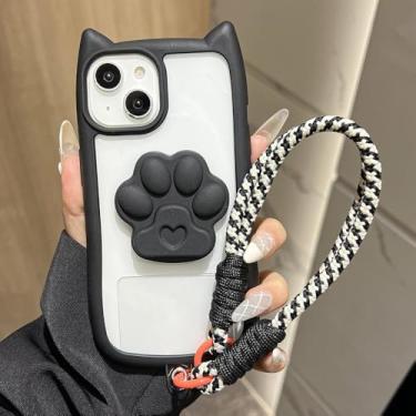 Imagem de Capa transparente com cordão fofo de orelha de gato 3D para iPhone 11 12 13 14 15 16 Pro Max XR XS X 14 Plus, pulseira, capa preta para iPhone 16 Plus
