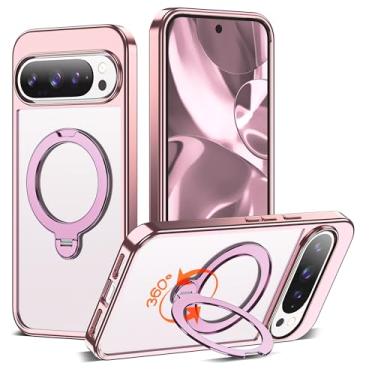 Imagem de RIASOLIN Capa compatível com Google Pixel 10 Pro XL com suporte de anel invisível rotativo de 360°, compatível com Mag-Safe, capa de telefone transparente 9 Pro XL com ótima sensação de aderência para