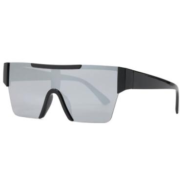 Imagem de Óculos de sol unissex com armação grande e hastes largas, ideais para esportes ao ar livre como corrida e ciclismo, nas cores preto e prata.