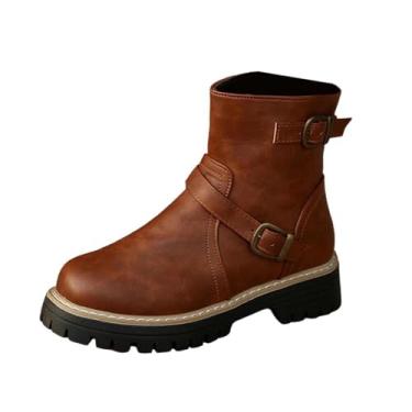 Imagem de Botas de cano curto femininas com zíper lateral bico redondo salto baixo casual inverno botas curtas, Café, 35