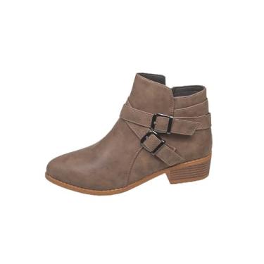 Imagem de Botas de cano curto femininas com zíper lateral e salto baixo grosso design de bico fino perfeito para estilo casual, Caqui, 39