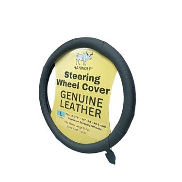 Imagem de Capa para volante, couro genuíno verdadeiro, preto, 40,6 cm, universal, elástico, resistente ao calor, permanece fresco, antiderrapante, HANWOLF