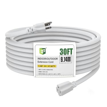 Imagem de HONDERSON Cabo de Extensão Externo Iluminado de 30 Pés 12/3 - Cabo de Extensão Branco Resistente Sjtw de 3 Pinos de Calibre 12 com Plugue Aterrado de 3 Pinos para Segurança, Listado Na Ul