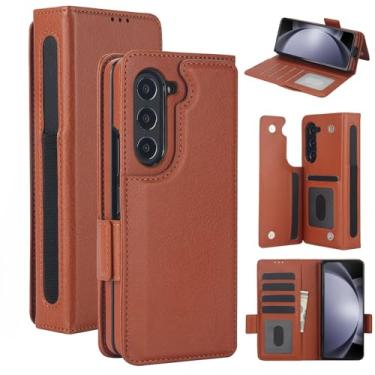 Imagem de Capa carteira para Samsung Galaxy Z Fold 7, 6 porta-cartões de crédito e S-Pen, [bloqueio RFID] Fecho magnético de couro dobrável com suporte, capa protetora resistente à prova de choque (marrom)