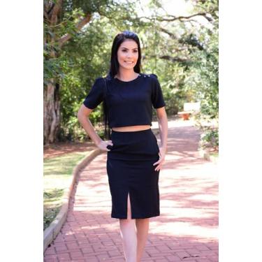 Imagem de Conjunto Saia Midi com Fenda e Cropped Linho - Mila Marttin, Preto, PP