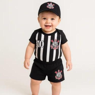 Imagem de Conjunto bebê gaviões da fiel timão body shorts boina 3 peças - Times 