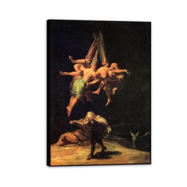 Imagem de Arte de parede Francisco Goya, Witches in the Air, impressão em tela famosa reprodução de pinturas a óleo abstratas imagem emoldurada para decoração de casa 70 x 50 cm (28 x 20 polegadas) moldura