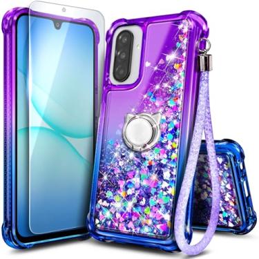 Imagem de Capa de telefone NGB projetada para Samsung Galaxy A17 5G, roxa/azul | Capa fofa com glitter líquido brilhante para mulheres e crianças | com protetor de tela, suporte de anel e cordão de pulso
